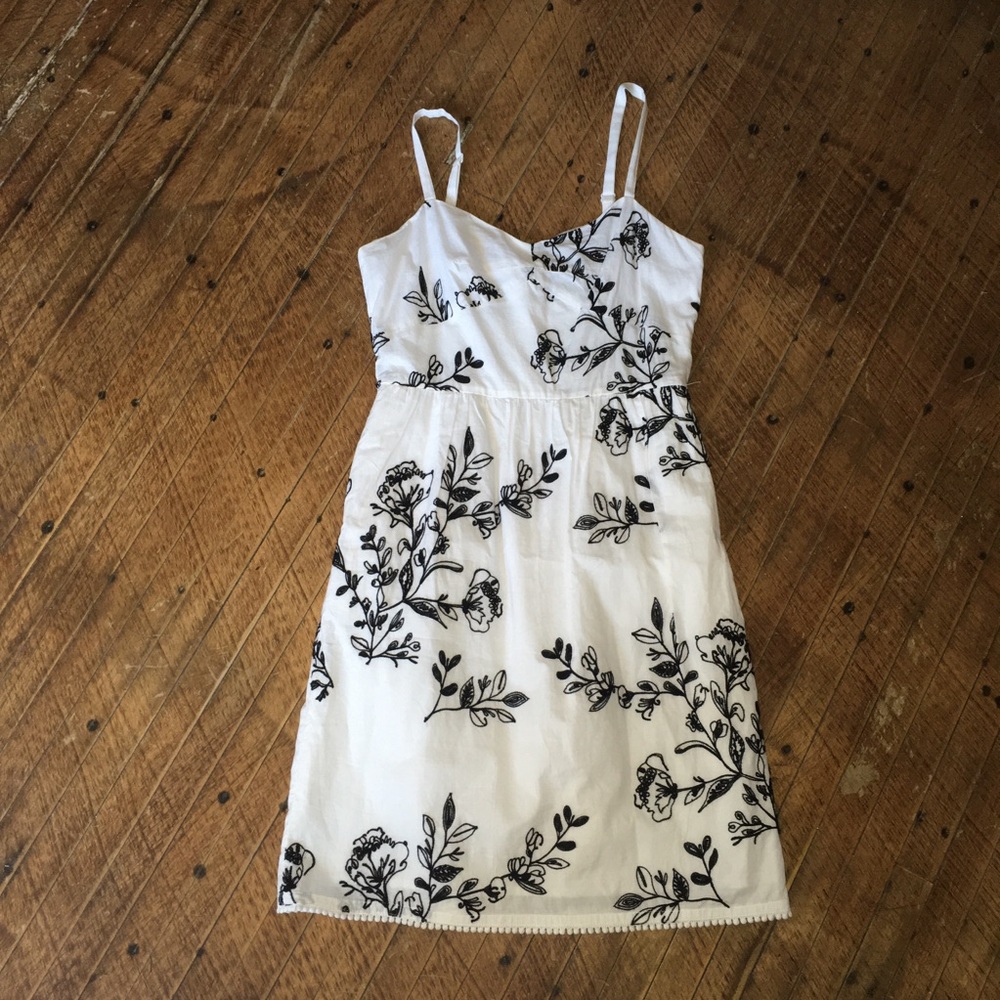 J Crew white tank dress with black embroidered flowers, size 2